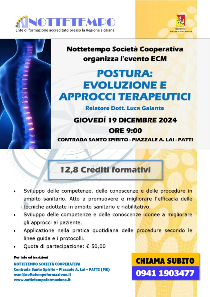 Locandina corso "Postura: evoluzione e approcci terapeutici, nuovo corso ECM giovedì 19 dicembre